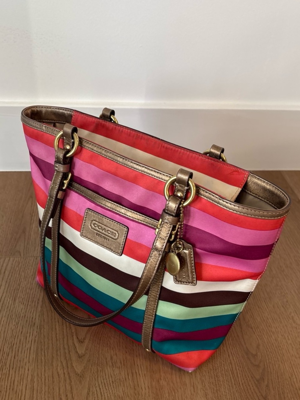 Coach Multicolor Stripe Tote in Pink, Red, Teal & Brown with Metallic Trim